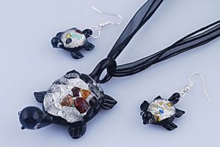   Pendant Necklace Set Earrings Silver Foil Murano Glass Turtle Animal
