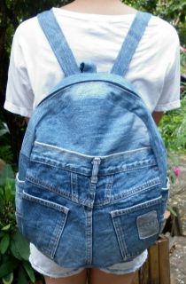 Vintage Recycled Denim Jeans Backpack Rucksack Satchel School Bag 