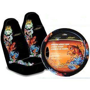 ED HARDY KOI SEAT COVERS (PAIR) & STEERING WHEEL COVER