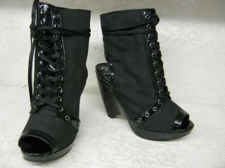 Ladies Firetrap Camo Black Canvas Peep Toe High Heel Lace Up Boots