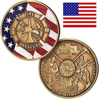 Fire Rescue Maltese Cross with Flag Fireman Challenge Coin Brass 