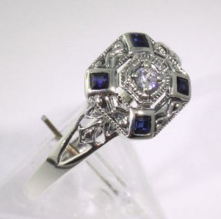 Art Deco Style Sapphire CZ Filigree Ring Sterling Sz 7