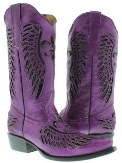 Womens ladies purple leather sequins cowboy boots western riding 