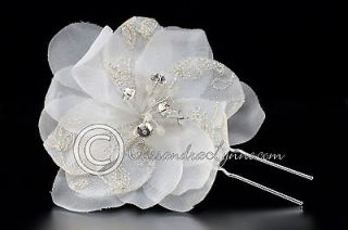 Wedding Bridal Hair Flower Pin Ivory Silver Emboidered with Rhinestone 