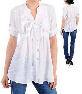 New Womens Casual Short Sleeve Button Down Shirt Tunic Blouse Pleated 