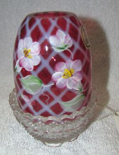 FENTON CRANBERRY OPALESCENT DIAMOND OPTIC HAND PAINTED FLORAL FAIRY 