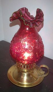 Fenton Cranberry Glass Wild Rose 1960s Copper Finger Electric Lamp 