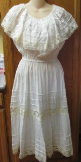 Vintage BoHo Mexican Embroidery Peasant DRESS Hippie Layered Ivory 