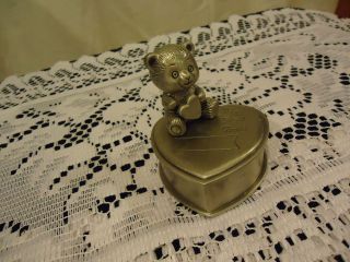   PEWTER HEART SHAPED MY FIRST TOOTH BOX WITH BEAR HOLDING HEART