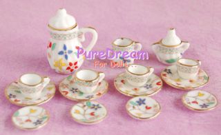 12 Dollhouse Porcelain CHINA Tea Set Flower 15PCS DC034