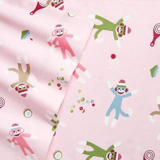   Classics Pink Sock Monkey 3pc TWIN Flannel Sheet Set Cotton FREE SHIP