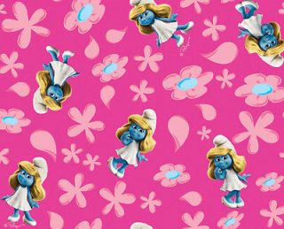 The Smurfs Smurfette and Flowers on Pink Half Yard Fleece Fabric