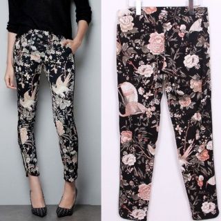   European Fashion Flower Floral Casual Pants Trousers S M L B586