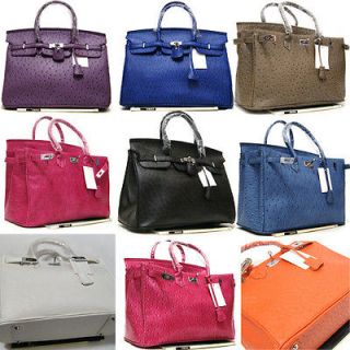 Fashion Womens Leather like Handbag Ostrich Grain Lock Tote Shoulder 