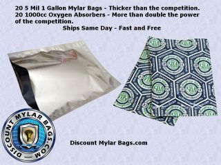 20 5 Mil 1 gallon Mylar Bags +1000cc Oxygen Absorbers for Long Term 