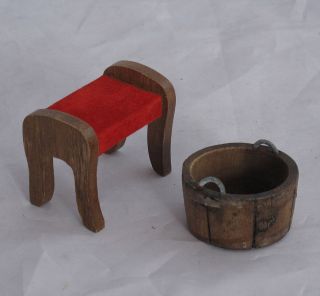 VINTAGE MINIATURE DOLL FURNITURE WOODEN BENCH WITH RED CUSHION AND 