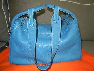 Hermes Lindy 34 Stamp L Clemence Leather PHW Blue Jean Bag 100% 