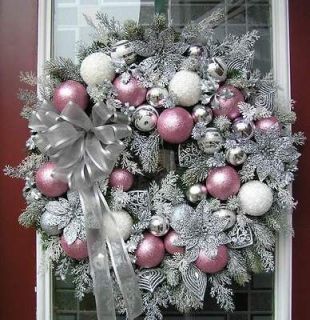   Shabby Chic Pink & Silver Christmas Wreath~~Qs Creations Designs