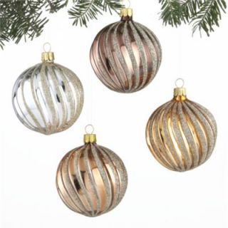 Set of 4 Metallic Ribbon Glitter Ball Ornaments Available in Silver 