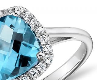 Swiss Blue Topaz and Diamond Cushion Ring in 14k White Gold (0.17 ct 