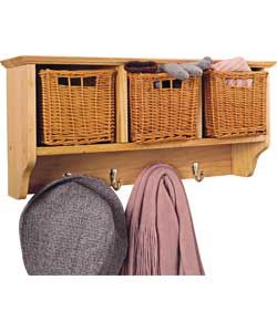 Homebase   3 Basket Storage Unit with 4 Coat Hooks   Solid Pine 