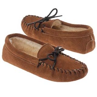 Kids Minnetonka Moccasin  Pile Lined Slipper Brown Suede Shoes 