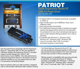 Patriot PEF16GSBUSB Supersonic Boost XT USB Flash Drive   16GB, USB 3 