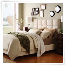 Fenton Squares Upholstered Low Profile Bed   Ivory Linen