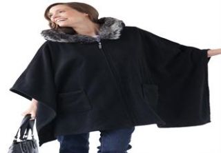 Plus Size Poncho cape in fleece with faux fur trimmed hood  Plus Size 