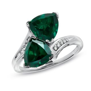 0mm Trillion Cut Lab Created Emerald Bypass Ring with Diamond 