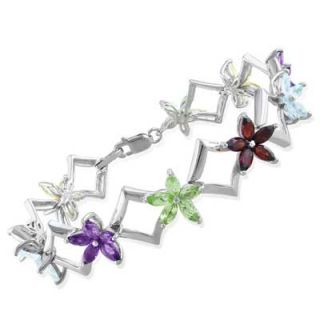 Multi Semi Precious Gemstone Flower Bracelet in Sterling Silver 