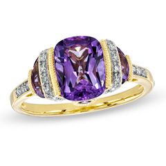 Cushion Cut Amethyst and Diamond Accent Ring in Sterling Silver with 