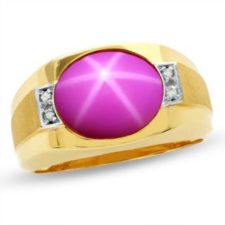 Mens Oval Lab Created Red Star Ruby Ring in 10K Gold with Diamond 