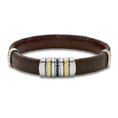 Goodman Mens Leather, Sterling Silver and 18K Gold Bracelet with 