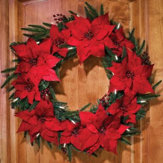 The Cordless Prelit Poinsettia Wreath   Hammacher Schlemmer 
