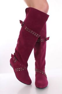 Fuchsia Faux Suede Studded Buckle Strap Pull On Flat Knee High Boots 