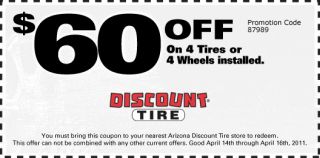 60 Off On 4 Tires or 4 Wheels installed. You must bring this coupon 