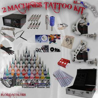 Complete Tattoo Kit 2 Machine Set 40 Colors Ink Analog Power Supply 
