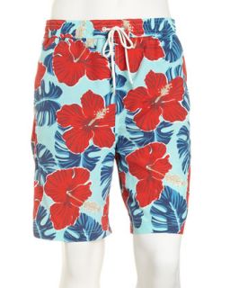 Hawaiian Print Swim Trunks, Red   