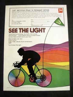 Vintage 1972 Illustrated Man on Bicycle Rainbow Colors 7up Soda 70s 
