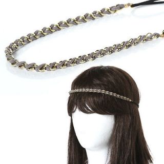 HR043GY/Gold Plated Elastic Chain Stretch Hairband Headband 