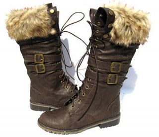 Womens Designer Motorcycle Boots Brown shoes winter fur snow Ladies 