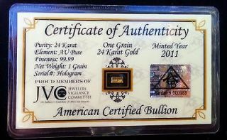 24k PURE .999 FINE Gold BULLION 1 Grain MINTED Bar   Certificate of 