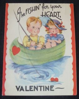 Doubl Glo UNUSED Valentine Boy & Girl FISHING IN ROWBOAT FISHIN FOR 