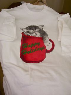 CUTEST KITTEN IN A XMAS CUP LONG WHITE NIGHTSHIRT HAPPY HOLIDAY NWOT 