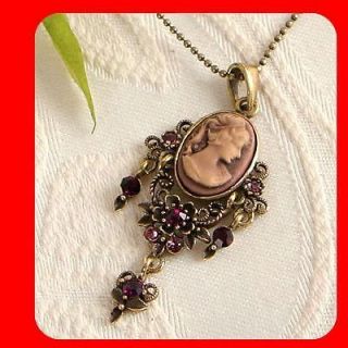 Choco Crystal Vintage ST Antique Gold GP CAMEO pendant necklace n1465