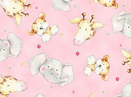 BY THE 1/2 YD~CUDDLE TIME~BABY GIRAFFES, ELEPHANTS, TIGERS ON PINK~QT 