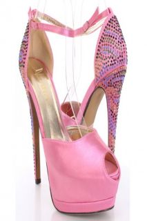 Pink Satin Fabric Beaded Design Peep Toe Platform Heels @ Amiclubwear 