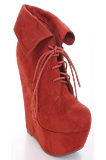 Rusty Faux Suede Lace Up Folded Cuff Ankle Bootie Wedges @ Amiclubwear 