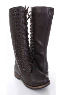 Dark Brown Faux Leather Spike Studded Combat Boots @ Amiclubwear Boots 